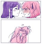  2girls 2koma blush comic commentary_request doki_doki_literature_club ear_blush eyes_closed face-to-face from_side hair_ornament hair_ribbon hairclip hands_on_another&#039;s_face kiss korean_commentary long_hair long_sleeves multiple_girls natsuki_(doki_doki_literature_club) parted_lips partially_colored pink_hair profile purple_hair ribbon s_boss820 short_hair sketch smile surprised sweat upper_body white_background yuri yuri_(doki_doki_literature_club) 