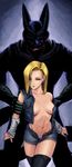  alxndr-art android_18 bare_shoulders belt blonde_hair blue_eyes cell_(dragon_ball) center_opening dragon_ball dragon_ball_z earrings highleg highleg_panties highres jewelry miniskirt non-web_source open_clothes open_fly open_shirt panties pencil_skirt pink_panties semi-perfect_cell shirt short_hair skirt thighhighs thong unbuckled_belt underwear unzipped vest zettai_ryouiki 