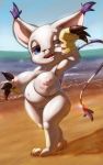  2019 3_toes anthro areola beach belly blue_eyes bodily_fluids breasts detailed_background digimon digimon_(species) ear_tuft female gatomon hi_res hikebu lactating looking_at_viewer milk nipples open_mouth outside pregnant seaside shadow solo tail_ring toes tuft water 