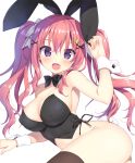  1girl :d animal_ears arm_up armpits ass bare_shoulders bottomless bow bowtie breasts brown_legwear bunny_ears bunny_tail cleavage covered_nipples crop_top detached_collar fang hair_ornament hair_ribbon hairclip large_breasts long_hair looking_at_viewer open_mouth original purple_eyes red_hair ribbon ryouka_(suzuya) simple_background smile solo strapless tail thighhighs twintails upper_body wavy_hair white_background wrist_cuffs x_hair_ornament 