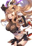  1girl aoi_(kirabosi105) blush bracer breasts brown_eyes brown_hair commentary gloves granblue_fantasy hair_ornament hairband highres large_breasts long_hair navel open_mouth simple_background smile solo song_(granblue_fantasy) white_background 