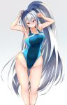  1girl ass_visible_through_thighs azur_lane blue_swimsuit breasts collarbone commentary_request competition_swimsuit contrapposto fujita_kanbe grey_background highres large_breasts long_hair looking_at_viewer one-piece_swimsuit ponytail red_eyes silver_hair simple_background solo sovetskaya_rossiya_(azur_lane) standing swimsuit 