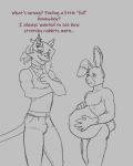  anthro bottomwear canid canine canis clothing demon dialogue english_text hi_res horn lagomorph leporid male male_pregnancy mammal multi_eye nude pants pregnant rabbit shirt standing text topwear wolf xana7274 