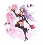  1girl alternate_costume artsunisiju black_gloves breasts cleavage closed_mouth commission elbow_gloves fire_emblem fire_emblem:_genealogy_of_the_holy_war fire_emblem_heroes food full_body gloves halloween_costume high_heels holding ishtar_(fire_emblem) long_hair maid maid_headdress pie plate ponytail purple_eyes purple_hair simple_background solo thighhighs white_background 