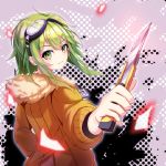  1girl blurry bokeh commentary depth_of_field dotted_background english_commentary foreshortening from_behind fur-trimmed_jacket fur_trim goggles goggles_on_head green_eyes green_hair gumi holding jacket jinsei_reset_button_(vocaloid) kakeyu looking_at_viewer looking_back orange_jacket outstretched_arm parted_lips short_hair_with_long_locks sidelocks smile solo switchblade upper_body vocaloid 