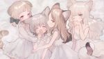  4girls :o ame_usako animal_ear_fluff animal_ears bangs banned_artist bare_arms bare_shoulders biting black_bow blush bow breasts brown_eyes brown_hair cat_ears cat_girl cat_tail cleavage closed_eyes collared_dress commentary_request dress ear_biting fang frilled_dress frills grey_hair hair_bow hand_licking hand_up long_hair long_sleeves low_twintails medium_breasts multiple_girls open_mouth original parted_bangs personification puffy_long_sleeves puffy_sleeves sleeveless sleeveless_dress strap_slip striped_tail tail twintails white_dress yawning 