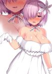  1girl akaneman alternate_costume bare_shoulders breasts cleavage collarbone commentary_request dress eyebrows_visible_through_hair fate/grand_order fate_(series) flower gloves hair_over_one_eye huge_breasts looking_at_viewer mash_kyrielight multiple_views pink_flower purple_eyes ribbon short_hair tongue tongue_out white_dress white_gloves white_ribbon 