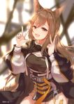  1girl absurdres animal_ears arknights artist_name blurry blurry_background breasts brown_eyes brown_hair cape ceobe_(arknights) croci dated dog_ears double_v highres large_breasts long_hair looking_at_viewer smile solo tagme v 