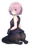  1girl ass bare_shoulders black_dress black_legwear blush breasts dress fate/grand_order fate_(series) from_behind hair_over_one_eye highres jp06 kneeling looking_at_viewer mash_kyrielight medium_breasts no_shoes panties panties_under_pantyhose pantyhose purple_eyes short_hair simple_background solo underwear white_background 