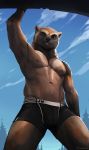  2020 anthro black_nose brown_body brown_eyes brown_fur clothed clothing day detailed_background digital_media_(artwork) fur hi_res looking_at_viewer lynncore male mammal mustelid musteline outside sky smile solo standing topless underwear wolverine 