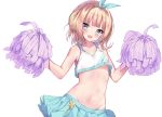  1girl :d absurdres bare_arms bare_shoulders blonde_hair blue_eyes blue_skirt breasts collarbone crop_top crop_top_overhang ganbare_ganbare_(itou_life) gochuumon_wa_usagi_desu_ka? groin hair_ribbon hands_up highres holding_pom_poms karuno_mizuki_(kyuu_arupaka) kirima_sharo looking_at_viewer medium_hair midriff miniskirt navel open_mouth pleated_skirt ribbon shirt simple_background skirt sleeveless sleeveless_shirt small_breasts smile solo stomach underboob upper_body white_background white_shirt 