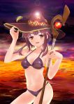  1girl absurdres bikini black_bikini black_hair breasts cleavage commentary_request contrapposto cowboy_shot dateyou english_commentary hat highres kono_subarashii_sekai_ni_shukufuku_wo! lens_flare looking_at_viewer megumin mixed-language_commentary ocean red_eyes short_hair small_breasts smile solo staff sunset swimsuit water witch_hat 