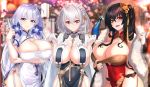  3girls absurdres ahoge arm_under_breasts azur_lane bangs bare_shoulders bird black_hair black_panties blue_eyes blue_ribbon blurry blurry_background blush braid breast_curtains breasts bridal_gauntlets cherry_blossoms china_dress chinese_clothes cleavage cleavage_cutout closed_mouth commentary dress dress_pull fan feather_boa flower folding_fan garter_straps gloves grey_dress hair_between_eyes hair_flower hair_ornament half_gloves highres huge_breasts illustrious_(azur_lane) illustrious_(maiden_lily&#039;s_radiance)_(azur_lane) lantern large_breasts long_hair looking_at_viewer low_twintails multiple_girls neckwear_between_breasts nez-kun one_side_up open_mouth panties paper_lantern peacock pelvic_curtain red_dress red_eyes revealing_clothes ribbon sheer_clothes short_hair side_braid side_slit signature sirius_(azur_lane) sirius_(azure_horizons)_(azur_lane) smile solo taihou_(azur_lane) taihou_(phoenix&#039;s_spring_song)_(azur_lane) tassel twintails underwear white_dress white_gloves white_hair 