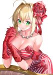  1girl ahoge bangs bare_shoulders blonde_hair blush braid breasts cleavage collarbone dress elbow_gloves fate/extra fate_(series) flower french_braid gloves green_eyes hair_between_eyes hair_bun hair_flower hair_intakes hair_ornament hair_ribbon highres jewelry large_breasts long_hair looking_at_viewer necklace nero_claudius_(fate) nero_claudius_(fate)_(all) red_dress red_gloves red_ribbon ribbon simple_background smile solo striped striped_dress tukise_33 white_background 