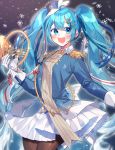  1girl absurdres aqua_eyes aqua_hair band_uniform beamed_eighth_notes blue_eyes blue_jacket blurry blurry_background commentary cowboy_shot dress_bow eighth_note epaulettes french_horn gloves hair_ornament hair_ribbon hairclip hat hat_feather hatsune_miku highres holding holding_instrument instrument jacket long_hair looking_at_viewer miniskirt musical_note night open_mouth outstretched_arm pantyhose patzzi pleated_skirt ribbon skirt smile snowflakes snowing solo twintails very_long_hair vocaloid white_gloves white_skirt yuki_miku yuki_miku_(2020) 