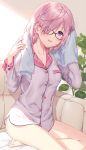  1girl bare_legs blush bottomless breasts cleavage collarbone commentary_request couch eyebrows_visible_through_hair fate/grand_order fate_(series) glasses hair_over_one_eye highres indoors kuroki_(ma-na-tu) large_breasts lavender_hair looking_at_viewer mash_kyrielight open_mouth pajamas plant purple_eyes purple_hair short_hair sitting smile solo towel 