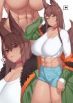  1girl abs angry animal_ear_fluff animal_ears bangs blue_shorts breasts brown_eyes brown_hair choker crop_top eyebrows_visible_through_hair fang fox_ears fox_girl fox_tail franham fur-trimmed_jacket fur_trim green_jacket hair_between_eyes heart highres jacket large_breasts long_sleeves looking_at_viewer multiple_views navel nude off-shoulder_jacket open_clothes open_jacket orange_jacket original parted_lips purple_choker shirt short_shorts shorts smile spoken_heart stomach tail two-tone_jacket underboob white_shirt 