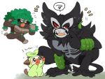  ambiguous_gender anthro black_body black_fur brown_body feral fur green_eyes green_hair grey_body grookey hair hyaku_(artist) legendary_pok&eacute;mon male mammal markings multicolored_body muscular muscular_male nintendo pok&eacute;mon pok&eacute;mon_(species) primate rillaboom sharp_teeth smile teeth video_games zarude 