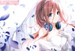  blue_eyes breast_hold breasts brown_hair cleavage close go-toubun_no_hanayome headdress headphones karory long_hair nakano_miku scan wedding_attire 