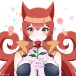  1girl azazel_ameri blush breasts commentary_request elbow_gloves flower gloves hair_between_eyes holding holding_flower horns large_breasts long_hair looking_at_viewer mairimashita!_iruma-kun pointy_ears red_eyes red_flower red_hair red_rose rose sleeveless solo tibi09 upper_body very_long_hair 
