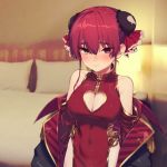  1girl alternate_costume bare_shoulders bed blurry blurry_background blush breasts bun_cover china_dress chinese_clothes cleavage_cutout commentary_request covered_navel double_bun dress eyebrows_visible_through_hair heart_cutout heterochromia highres hololive houshou_marine large_breasts looking_at_viewer off-shoulder_coat off_shoulder oshiruko_(oshiruco_212048) red_dress red_eyes red_hair smile solo upper_body virtual_youtuber yellow_eyes 