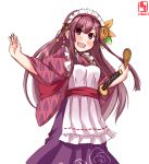  1girl apron artist_logo azuki_(flower_knight_girl) azuki_(flower_knight_girl)_(cosplay) commentary_request cosplay dated flower frilled_apron frills gradient_hair hair_flower hair_ornament hakama highres japanese_clothes kamikaze_(kantai_collection) kanon_(kurogane_knights) kantai_collection katana kimono leaf_print long_hair looking_at_viewer maid_headdress multicolored_hair print_kimono purple_eyes purple_hair purple_hakama simple_background smile solo spoon sword trait_connection weapon white_apron white_background wooden_spoon 