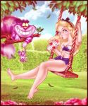  accessory alice_(alice_in_wonderland) alice_in_wonderland barefoot blonde_hair blue_eyes bottomwear bow_tie breasts cheshire_cat cleavage clothed clothing cup disney dormouse_(alice_in_wonderland) drinking eddie_holly hair hair_accessory hair_ribbon holding_tail human human_focus mammal mouse murid murine not_furry_focus plant purple_hair ribbons rodent shorts shrub slurpee swing tree yellow_sclera 