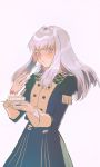  1girl cake closed_mouth eating fire_emblem fire_emblem:_three_houses food food_on_face fork garreg_mach_monastery_uniform holding holding_fork holding_plate kkia1021 long_hair long_sleeves lysithea_von_ordelia pink_eyes plate simple_background solo uniform white_background white_hair 