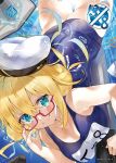  1girl blonde_hair blue_eyes book breasts c: glasses hair_ribbon hat i-8_(kantai_collection) kantai_collection kou_mashiro large_breasts long_hair low_twintails name_tag one-piece_swimsuit peaked_cap red-framed_eyewear ribbon school_swimsuit smile solo swimsuit torpedo twintails underwater 