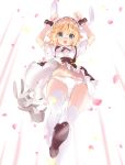  1girl :d animal animal_ears arms_up blonde_hair blue_eyes bow bow_panties bunny bunny_ears center_frills commentary_request doku_momo eyebrows_visible_through_hair fleur_de_lapin_uniform floppy_ears frilled_cuffs frills from_below gochuumon_wa_usagi_desu_ka? headdress highres kirima_sharo looking_at_viewer looking_down navel open_mouth panties petals puffy_short_sleeves puffy_sleeves short_hair short_sleeves smile solo thighhighs underbust underwear upskirt wavy_hair white_legwear white_panties wild_geese wrist_cuffs 