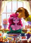  &lt;3 2020 absurd_res anthro apron blush bread butter cheese_sandwich_(mlp) clothing cup curtains cutlery dairy_products duo equid equine female fidzfox food fork friendship_is_magic front_view half-closed_eyes hi_res inside kissing kitchen_utensils knife mammal my_little_pony narrowed_eyes pinkie_pie_(mlp) plant plate potted_plant smile spoon tools 