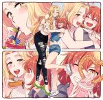  2girls :d ^_^ ^o^ bare_shoulders blonde_hair blush breasts churro closed_eyes drinking eating fate/grand_order fate_(series) food fujimaru_ritsuka_(female) green_eyes grin high_heels highres long_hair midriff multiple_girls navel one_eye_closed open_mouth orange_hair piercing pretzel quetzalcoatl_(fate/grand_order) shoes sleeveless smile sneakers teeth turtleneck yellow_eyes yukataro 