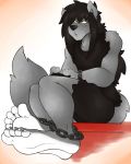  4:5 5_toes anklet anthro bracelet canid canine canis chain countershade_feet countershading feet foot_focus fur gaming grey_body grey_fur hair hi_res humanoid_feet jewelry long_hair male mammal mole_(marking) sebafox sitting soles solo toes travis_(sebafox) wolf 