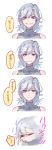 1girl commentary_request eyebrows_visible_through_hair eyes_visible_through_hair girls_frontline grin highres purple_eyes sharp_teeth shuzi sl8_(girls_frontline) smile sneezing solo taking_picture teeth white_hair 