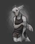  anthro avian clothed clothing digital_media_(artwork) feathered_wings feathers female greyscale hoot monochrome solo wings 