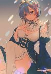  1girl arm_support bangs bare_shoulders blue_eyes blue_hair bow bowtie breasts cleavage closed_mouth commentary_request detached_sleeves dress fingernails gradient gradient_background hair_ornament hand_on_own_chest hand_up highres lips maid medium_breasts panties puffy_sleeves re:zero_kara_hajimeru_isekai_seikatsu rem_(re:zero) shiny shiny_hair short_hair signature simple_background sitting solo thighs underwear white_legwear white_panties wide_sleeves x_hair_ornament yume_ou 