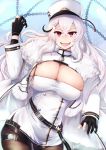  1girl azur_lane belt black_gloves breasts cleavage coat coat_dress fur-trimmed_coat fur_trim gangut_(azur_lane) gloves hair_between_eyes hat highres ibara_azuki jacket large_breasts long_hair looking_at_viewer military_hat open_mouth partly_fingerless_gloves red_eyes silver_hair smile uniform very_long_hair 