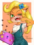  3:4 5_fingers accessory activision anthro bandicoot biped black_nose blonde_hair blush breasts cellphone cheek_pull clothing coco_bandicoot computer crash_bandicoot_(series) ear_tuft eyelashes female finger_fetish finger_in_mouth finger_play fingers flower flower_in_hair footprints gaping_mouth green_eyes hair hair_accessory hand_on_face hi_res laptop mammal marsupial mouth_shot open_mouth overalls phone plant portrait r.o.b sharp_teeth shirt showing_tooth simple_background solo stickers teeth topwear tuft unbuttoned video_games 