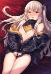  1girl bangs bare_shoulders black_gloves black_jacket black_neckwear blush breasts brown_eyes crossed_bangs fingerless_gloves flat_chest girls_frontline gloves grey_hair highres hood hooded_jacket jacket long_hair long_sleeves looking_at_viewer lying nipples off_shoulder on_back one_side_up open_clothes open_jacket open_mouth scar scar_across_eye solo thighs tsuki_tokage ump45_(girls_frontline) yellow_neckwear 