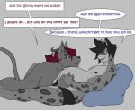 anthro bottomwear canid canine canis clothing demon dialogue english_text felid horn male male/male male_pregnancy mammal multi_eye nude pantherine pillow pregnant reclining shorts snow_leopard speech_bubble text wolf xana7274 