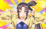  1girl absurdres bangs beads bikini black_hair blue_bikini blush breasts closed_mouth double_v egasumi emotional_engine_-_full_drive fate/grand_order fate_(series) hair_bun hands_up highres jacket lilycious long_hair long_sleeves looking_at_viewer medium_breasts one_eye_closed parody parted_bangs purple_background side_bun side_ponytail sidelocks smile solo sparkle star star-shaped_pupils striped striped_background swimsuit symbol-shaped_pupils tongue tongue_out ushiwakamaru_(fate/grand_order) ushiwakamaru_(swimsuit_assassin)_(fate) v yellow_background yellow_jacket 