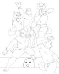  2020 adastra amicus_(adastra) anthro biceps bottomwear canid canine canis claws clothed clothing digital_media_(artwork) echo_project fangs fight fur happy hi_res jewelry male mammal monochrome musclegut muscular muscular_male navel nipples olkl1234 pants parody pecs piercing pose royalty simple_background sketch smile solo topless white_background wolf 