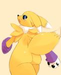  ambiguous_gender anthro big_butt blue_eyes butt canid canine digimon digimon_(species) dralighieri fur hi_res looking_at_viewer looking_back mammal nude open_mouth rear_view renamon simple_background solo thick_thighs video_games walking white_body white_fur wide_hips yellow_body yellow_fur 
