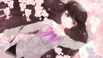  1girl blush bow brown_hair cherry_blossoms crying crying_with_eyes_open highres long_hair long_sleeves melloncollie-chan my_little_pony my_little_pony_friendship_is_magic octavia_melody open_mouth personification purple_eyes solo tears uniform upper_body wallpaper 