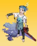  1boy apron barefoot blood blood_on_face blue_blood blue_hair bolt chainsaw cu_chulainn_(fate)_(all) earrings electricity fang fate/stay_night fate_(series) friday_the_13th guttia heart_(organ) hockey_mask jason_voorhees jewelry lancer long_hair male_focus one_eye_closed ponytail red_eyes solo younger 