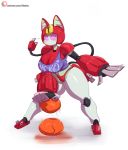 2019 absurd_res anthro ball basketball_(ball) big_breasts big_butt blush bodily_fluids bottomless breasts butt clothed clothing crop_top digital_media_(artwork) empty_eyes featureless_breasts felid female hi_res huge_breasts machine mammal medabots not_furry peppercat plug red_body riipley robot shirt simple_background small_waist solo sweat text thick_thighs topwear url white_body wide_hips 