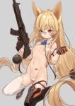  1girl absurdres animal_ears anouetto assault_rifle babydoll bangs barcode barcode_tattoo black_gloves black_legwear blonde_hair blue_eyes blue_flower blue_rose blush breasts cat_ears commentary detached_collar eyebrows_visible_through_hair flower g41_(girls_frontline) girls_frontline gloves gun h&amp;k_g41 hair_between_eyes heterochromia highres long_hair low-tied_long_hair lowleg lowleg_panties mechanical_arms mismatched_legwear navel nipples open_mouth panties red_eyes revision rifle rose see-through side-tie_panties small_breasts solo tattoo thighhighs torn_clothes twintails underwear untied untied_panties weapon white_babydoll white_legwear white_panties 