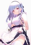  1girl anchor_choker apron azur_lane bangs bare_shoulders black_hairband blush breasts button_eyes center_frills choker closed_mouth dido_(azur_lane) frilled_choker frills hairband highres large_breasts long_hair looking_at_viewer maosame purple_eyes silver_hair simple_background smile solo stuffed_toy underboob underboob_cutout waist_apron white_apron white_background 