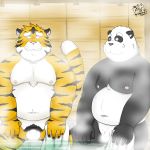  1:1 2019 anthro balls bathing belly black_body black_fur blush duo eyes_closed felid flaccid fur genitals giant_panda kemono male mammal moobs navel nipples overweight overweight_male pantherine penis sauna sitting tanutronik753_k tiger towel ursid water white_body white_fur 