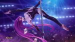  1girl absurdres bangs bare_shoulders barefoot black_legwear breasts chaos_(pixiv3726393) choker collar corset cyberpunk_2077 fate/grand_order fate/stay_night fate_(series) highres large_breasts long_hair looking_at_viewer panties pole_dancing prosthesis prosthetic_arm purple_eyes purple_hair purple_panties rider sidelocks thighhighs underwear very_long_hair 